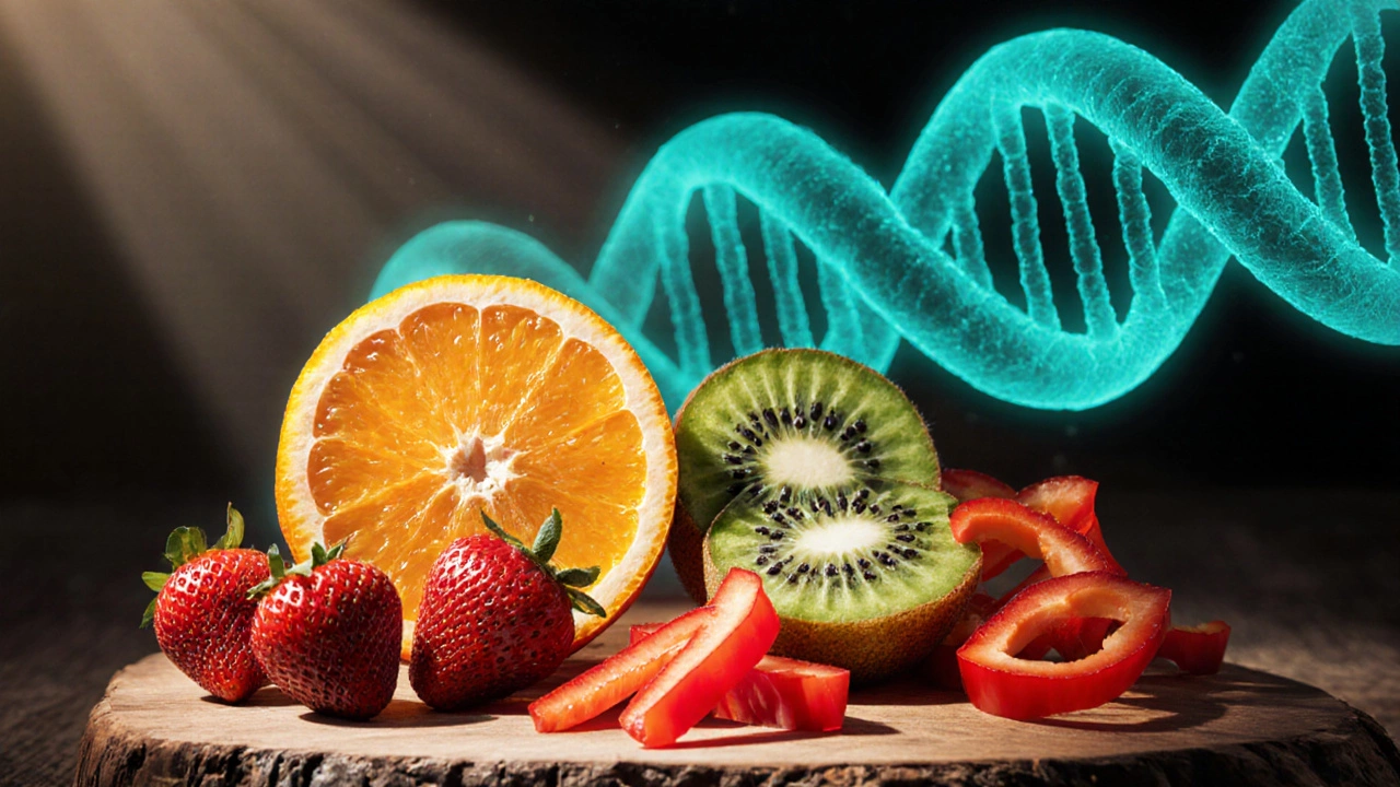 Assortment of Vitamin C foods with a glowing collagen helix overlay.