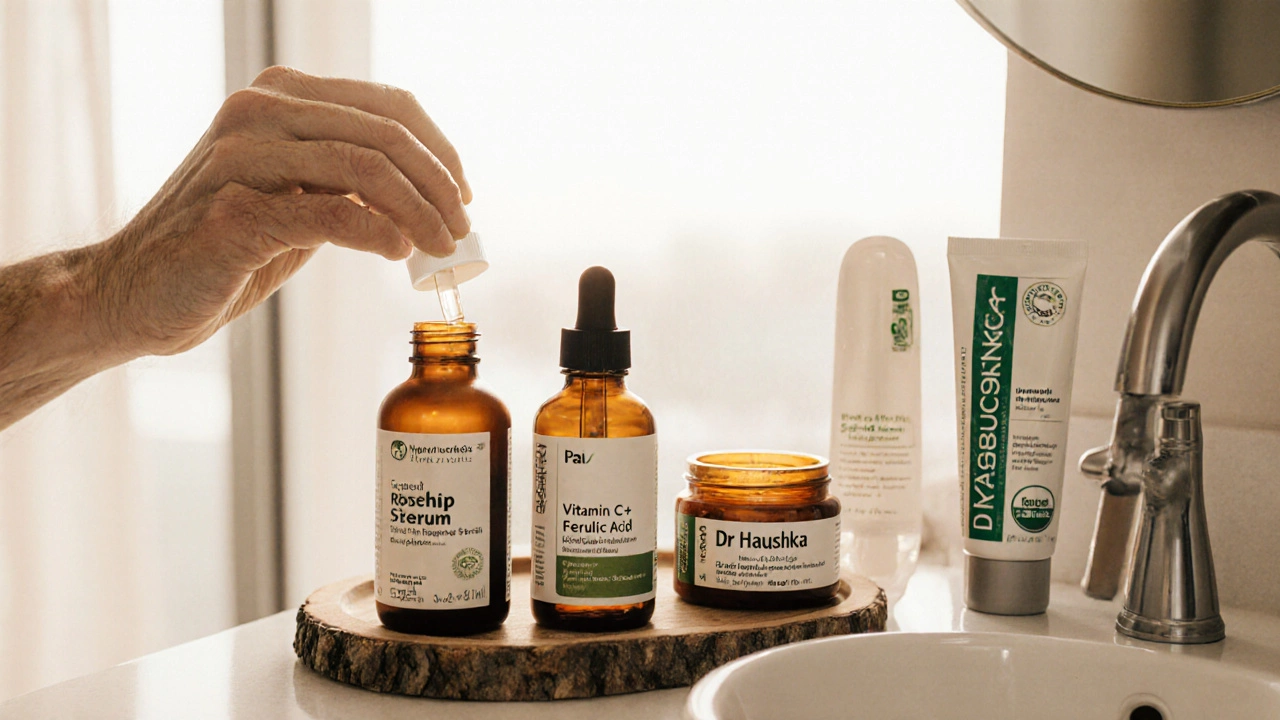 Bathroom vanity with three organic skincare bottles and a hand applying serum at sunrise.