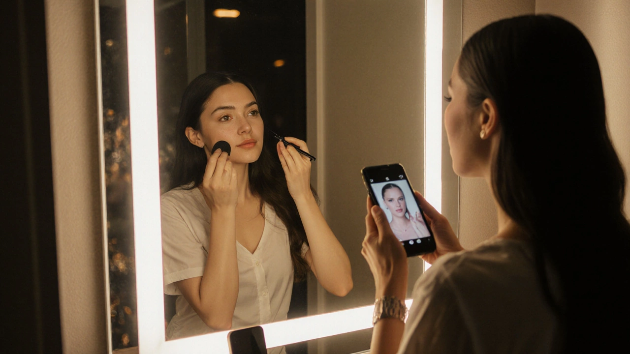 Beginner reviewing makeup steps in front of a mirror under daylight LED lighting.