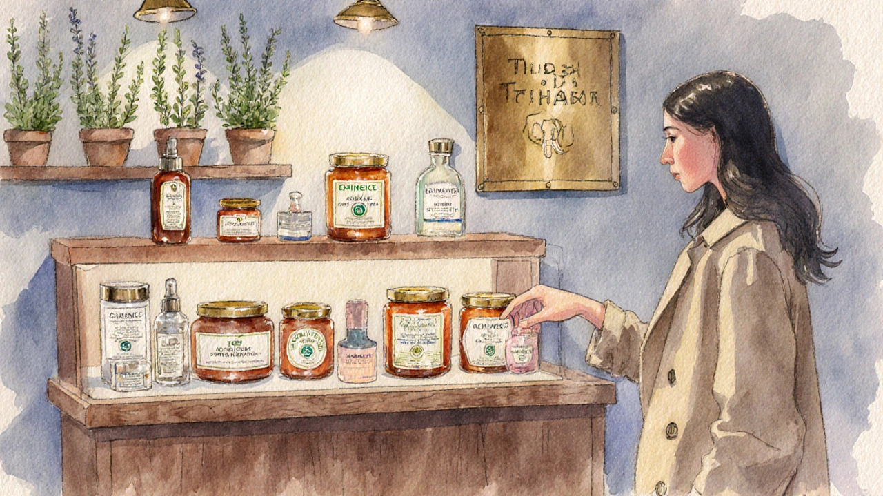 Boutique shelf showing Eminence glass jars beside other premium skincare brands.