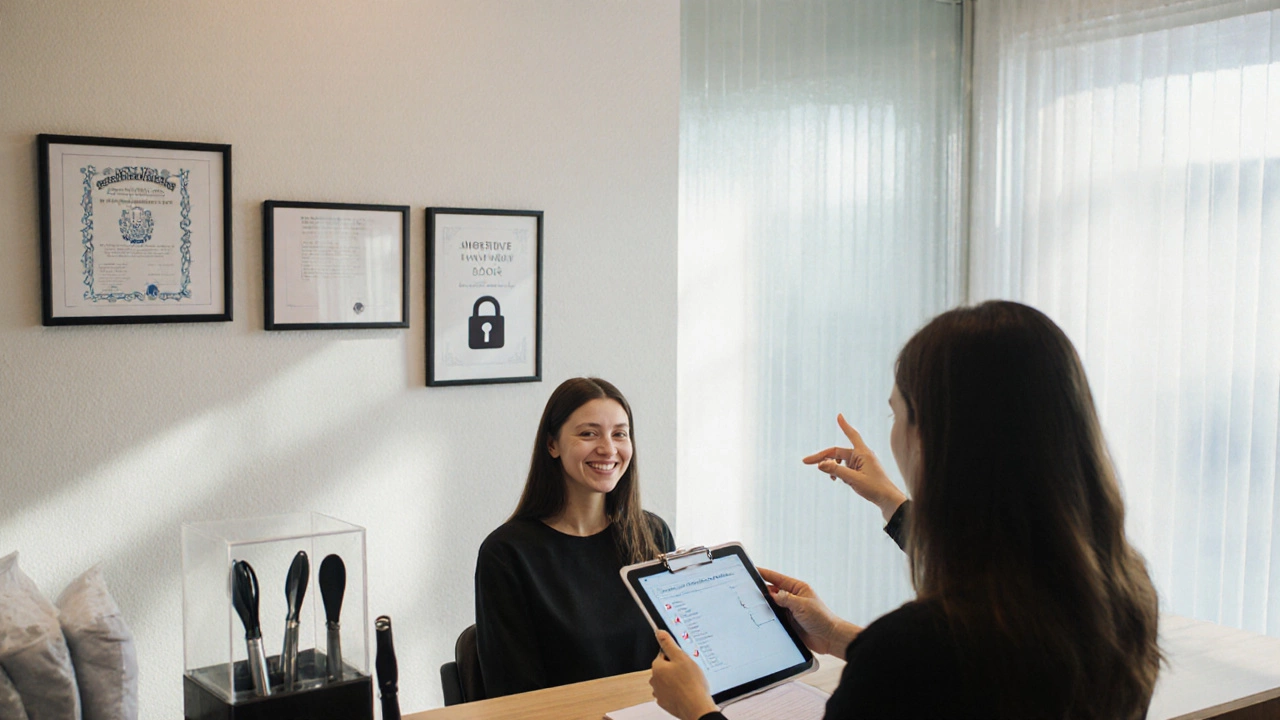 Client reviews a tablet with security icons while stylist shows certifications.