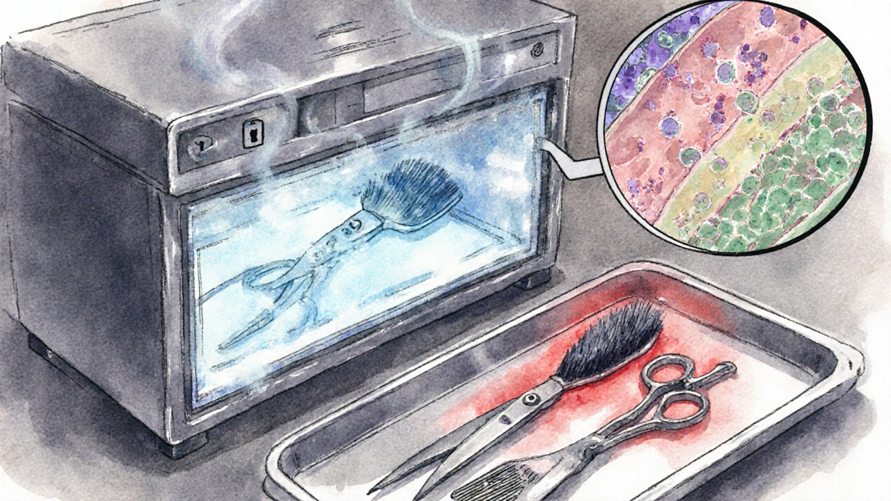Close‑up of salon tools, one inside an autoclave, with microscopic germs in background.