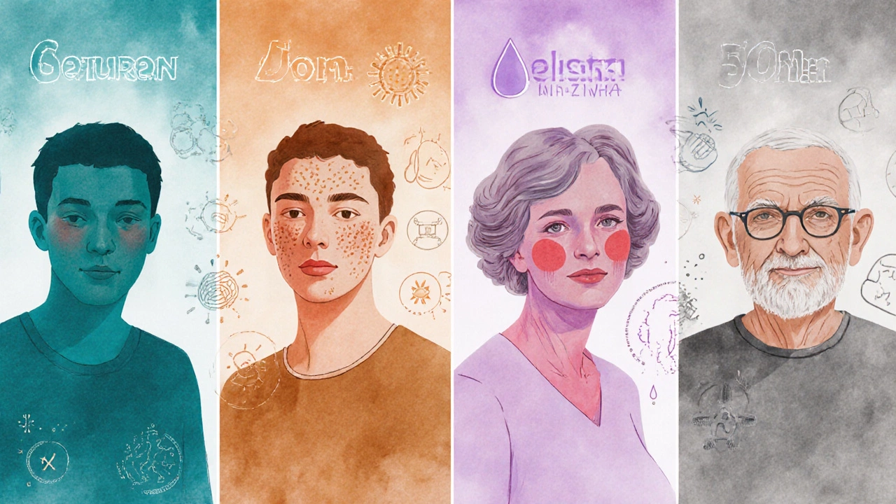 Collage of five silhouettes representing age groups with visual signs of skin aging.