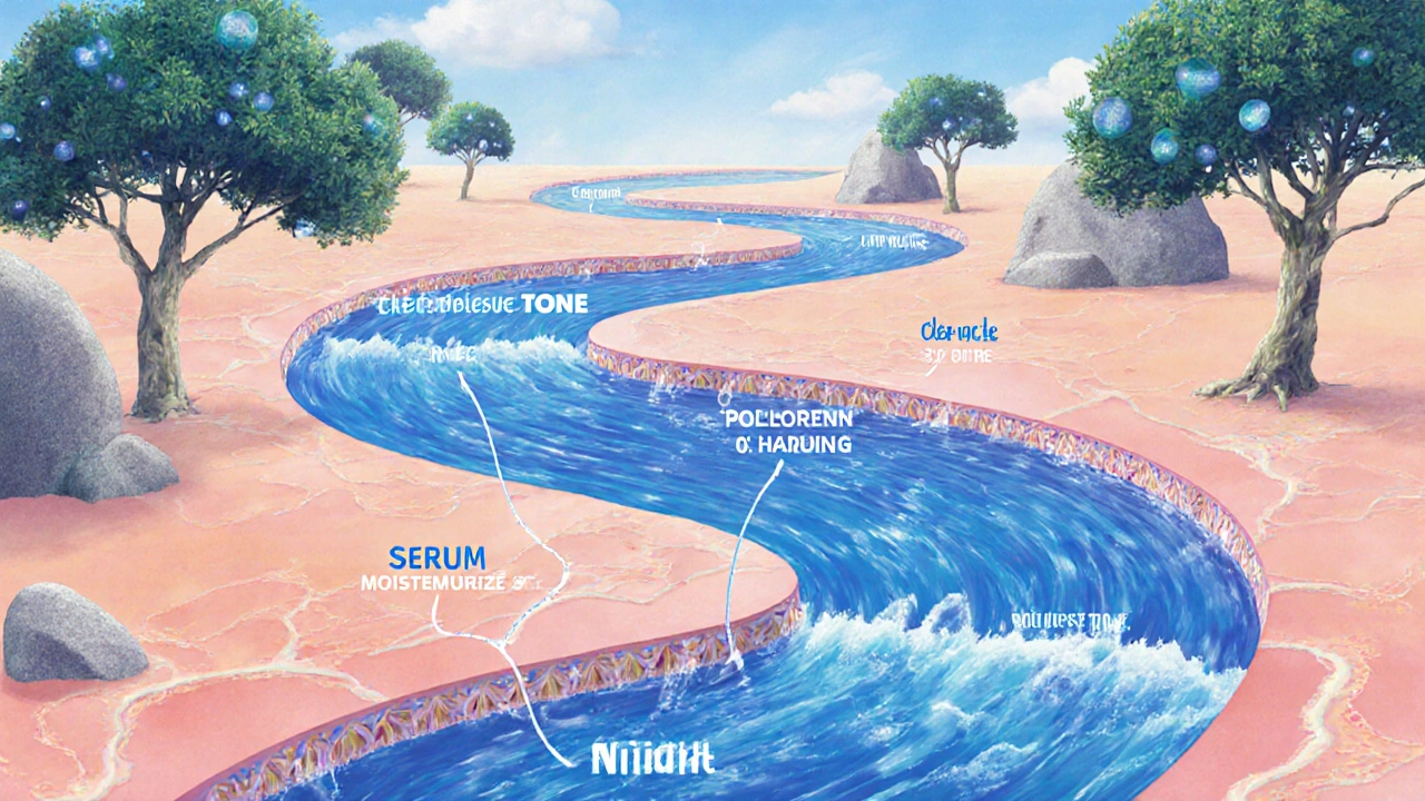 Conceptual river flowing through skin landscape representing the 7-step skincare routine.