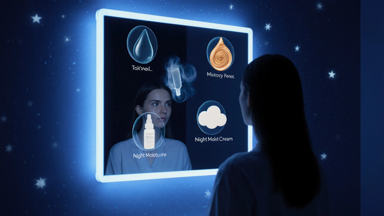 Dreamy night scene showing floating icons of double cleanse, toner, retinoid serum, night cream, and eye cream.