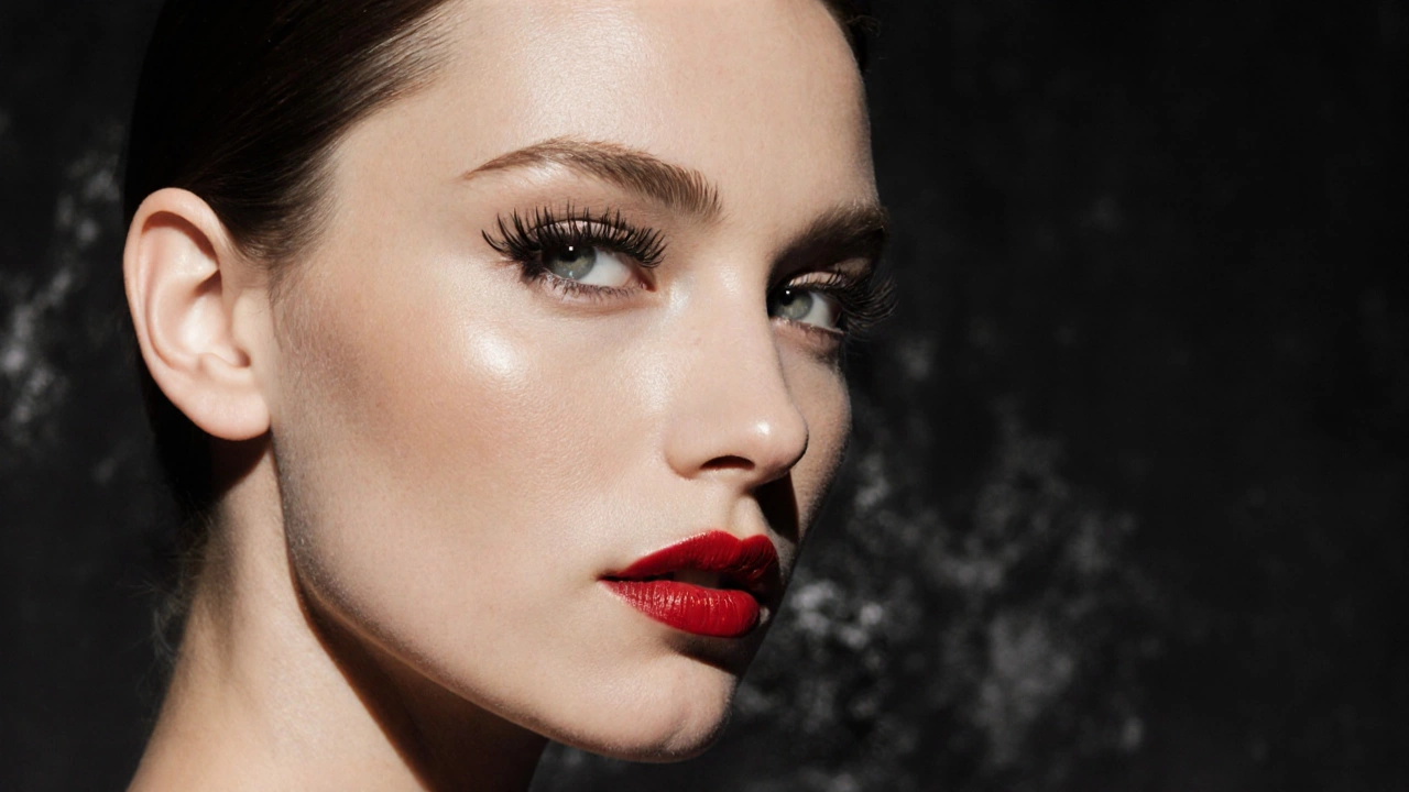 Editorial portrait highlighting foundation, red lipstick, and dramatic eyelashes.