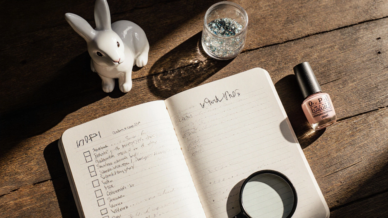 Flat‑lay of a checklist, magnifying glass, rabbit figurine, fish‑scale vial and OPI polish bottle.