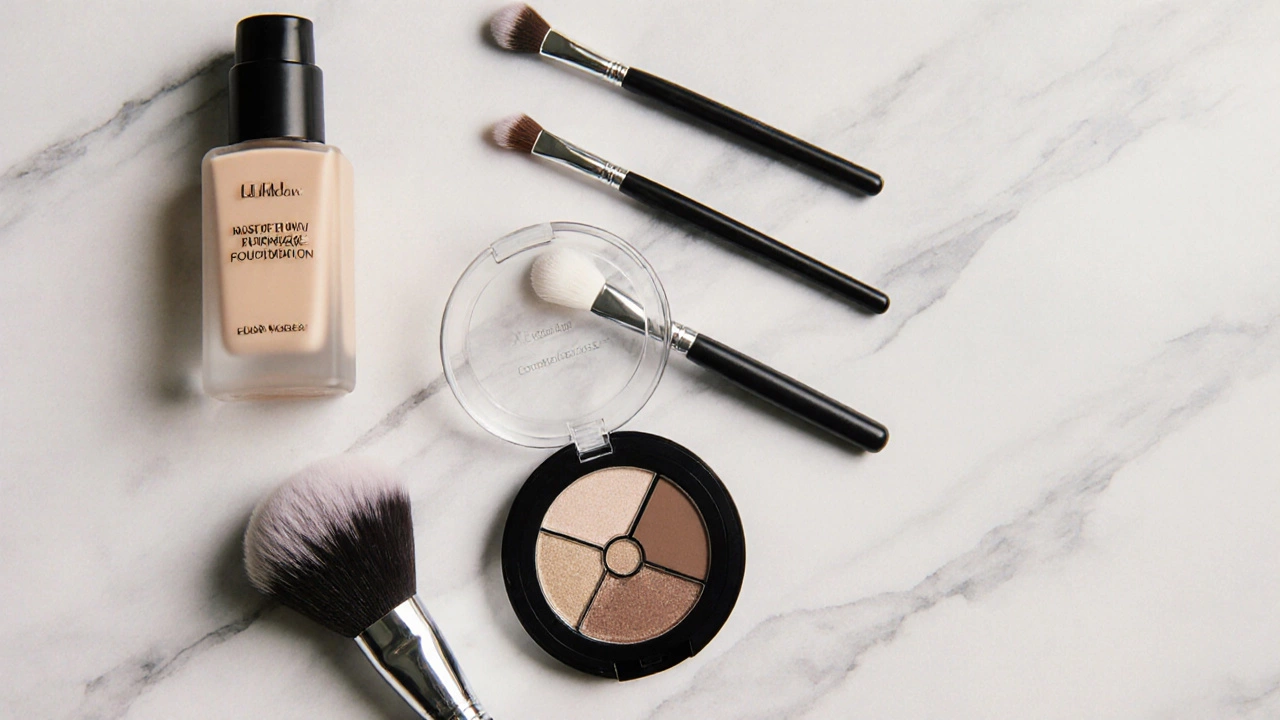Flat lay of a simple makeup kit with foundation, eyeshadow palette, and three brushes.