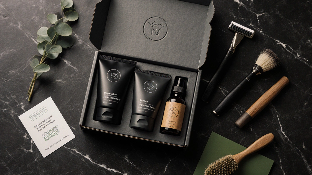 Flat‑lay of a sleek male grooming box with eco‑friendly products on a marble surface.