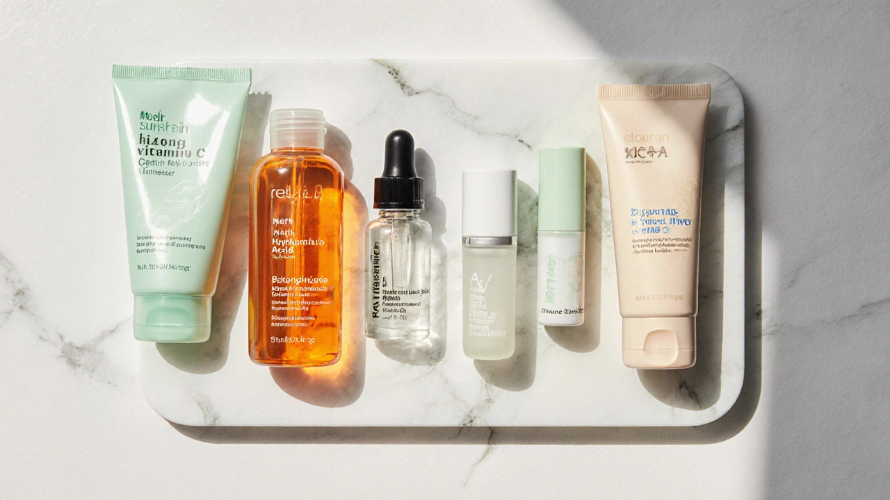 Flat‑lay of cleanser, vitamin C serum, retinol, hyaluronic acid, moisturizer, and sunscreen.