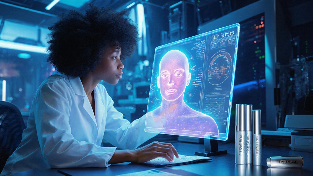 Futuristic lab scene with a scientist reviewing a holographic skin model and sleek product tubes.