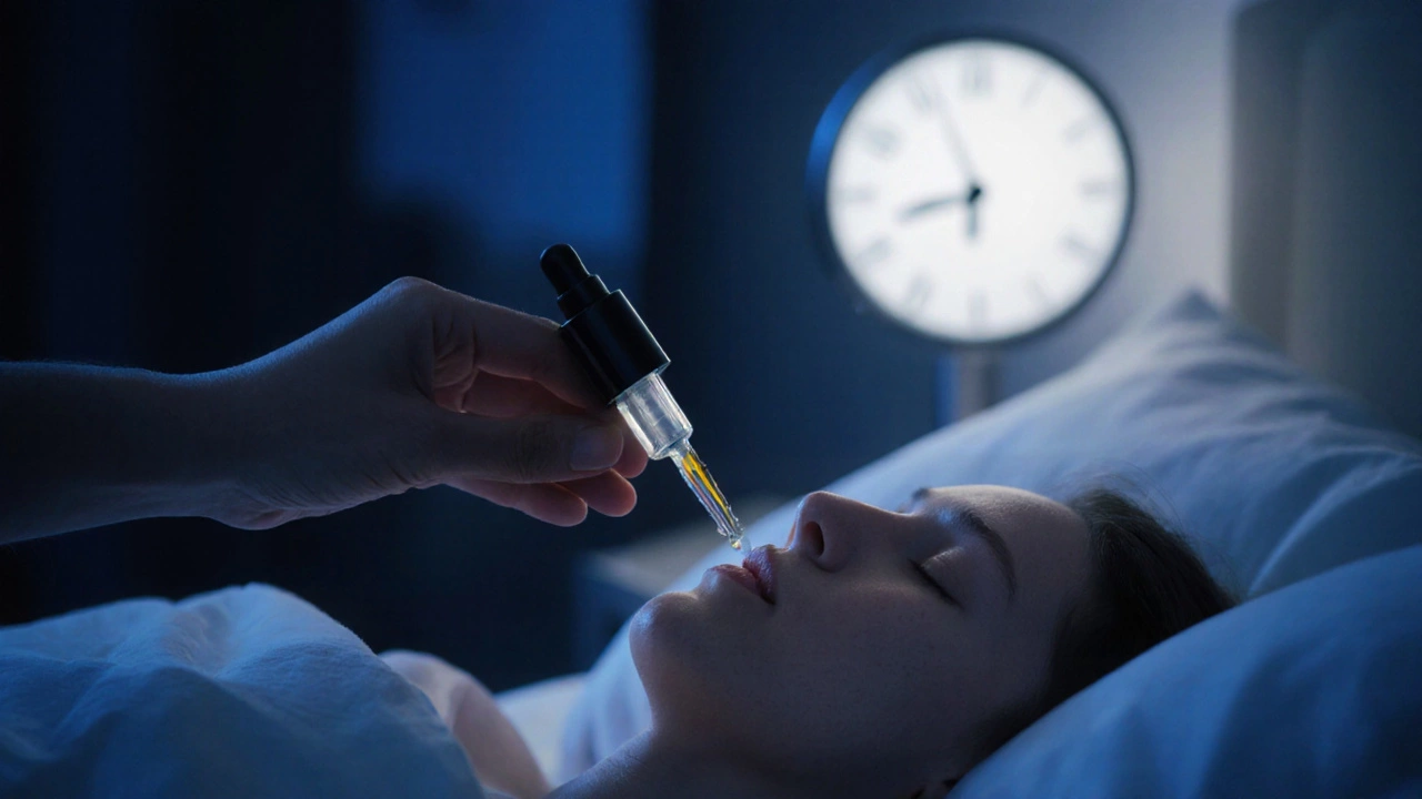 Hand applying serum and moisturizer in a dimly lit bedroom at night.