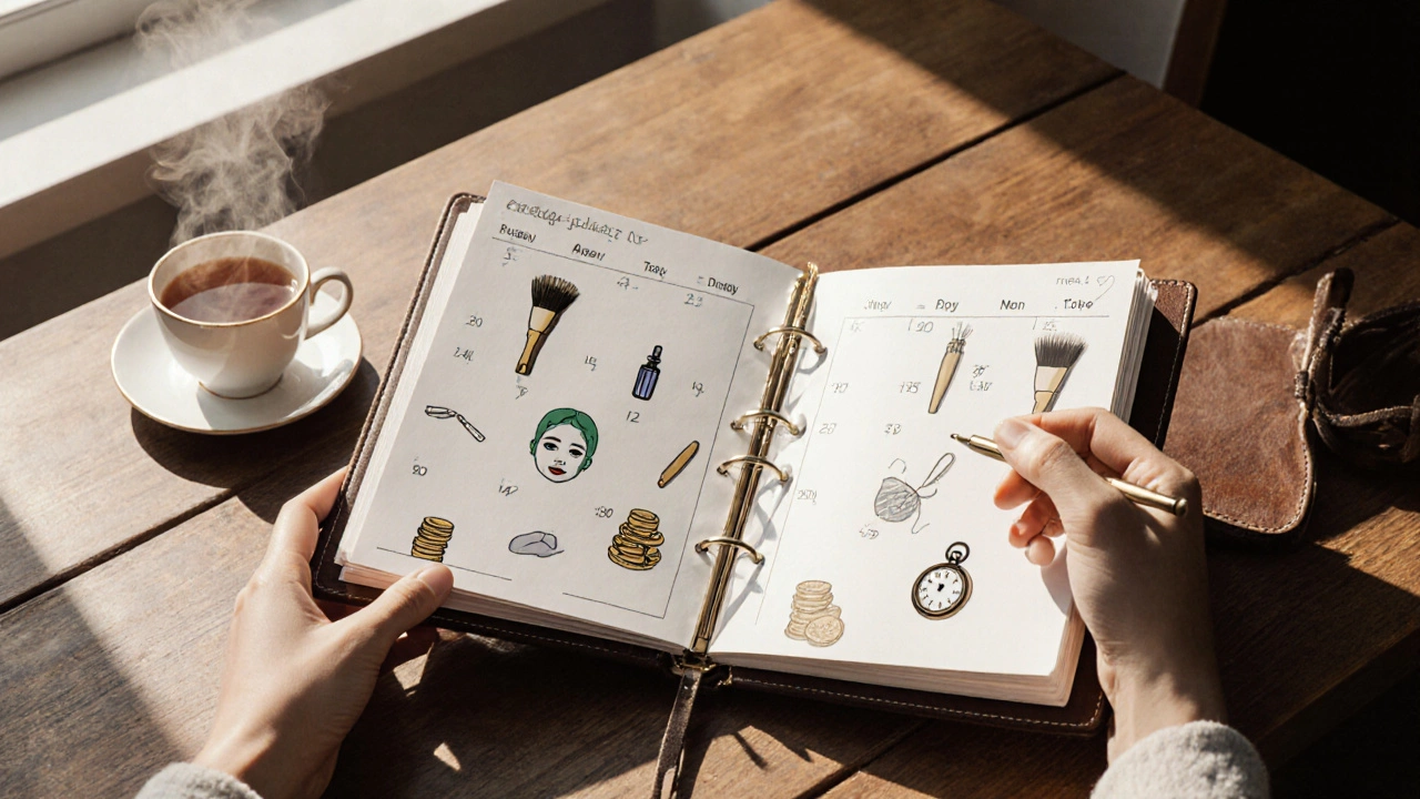 Hand holding a budget planner with facial icons, coins, and a calendar on a wooden desk.