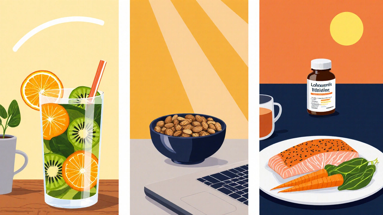 Illustrated daily routine with smoothie, nuts, fish, vegetables, sunlight, and supplements.