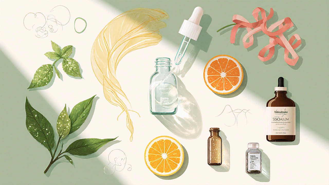 Illustrated flat‑lay of hyaluronic acid droplet, green tea, rosehip oil, Vitamin C, peptides, and sunscreen.