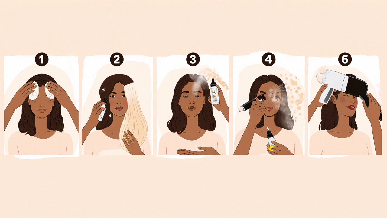 Illustrated sequence of hands applying seven hair‑care products to a model.