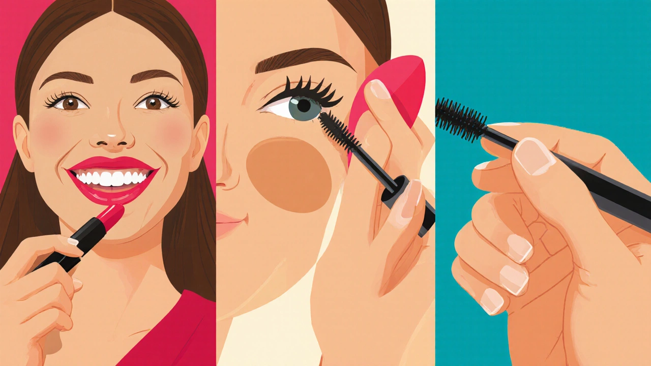 Illustration showing lipstick, foundation blending, and mascara application steps.