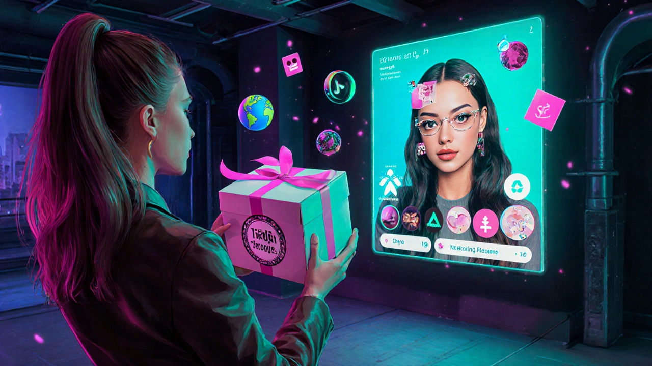 Influencer filming a TikTok unboxing with AR makeup filters and social media icons.