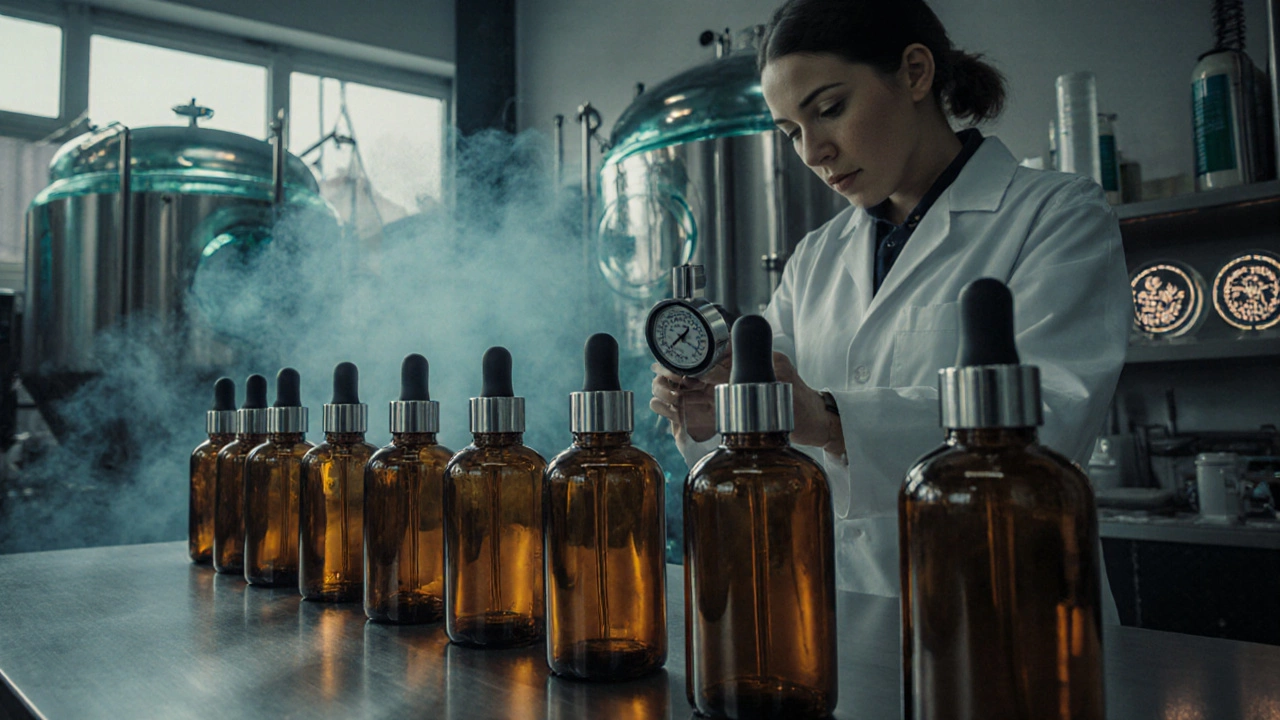 Lab with amber glass skincare bottles, fermentation tanks, and a technician.