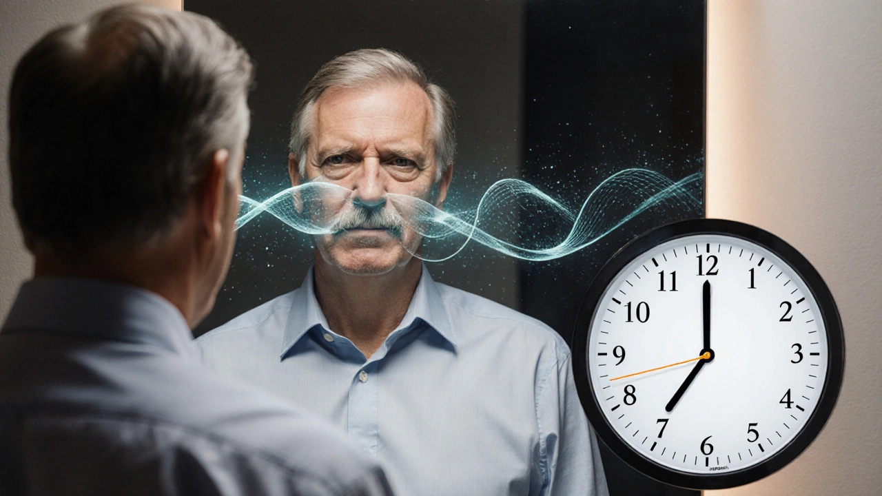 Man in his 50s with softened jawline, surrounded by symbolic medical treatments.