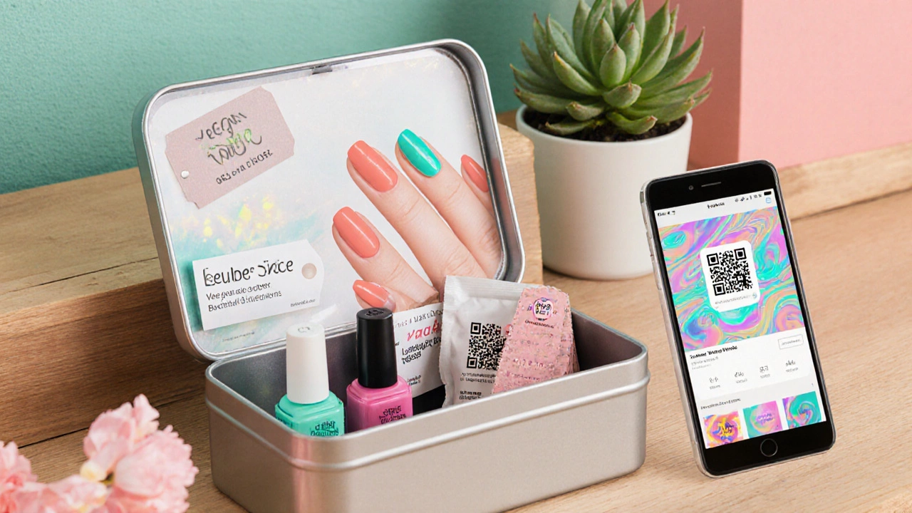 Reusable beauty tin with vegan products and a QR code, shown with AR nail polish preview.