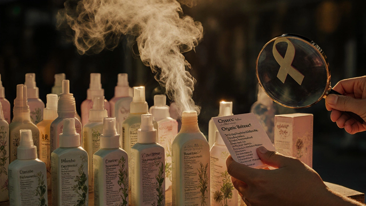 Row of organic skincare products emitting smoke shaped like cancer symbols.