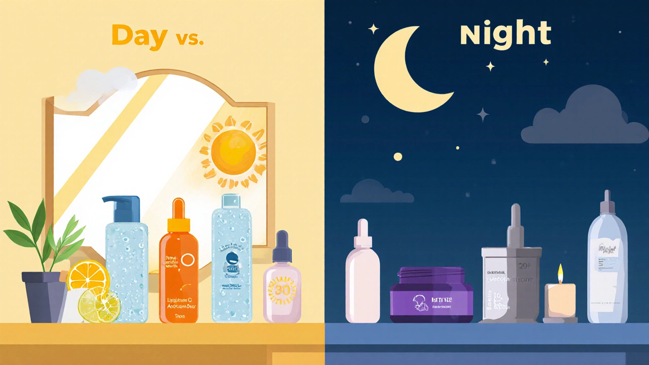 Side‑by‑side day and night vanity scenes showing different skincare steps.