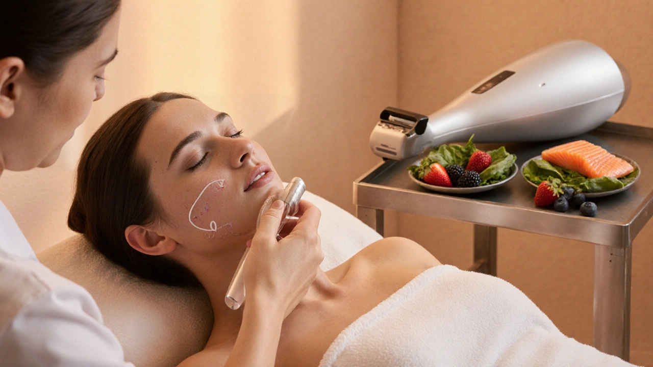 Spa scene with microneedling, laser device, and fresh healthy foods on a side table.