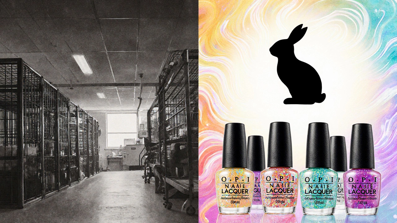 Split illustration showing an animal‑testing lab versus colorful cruelty‑free nail polish with fish‑scale shimmer.