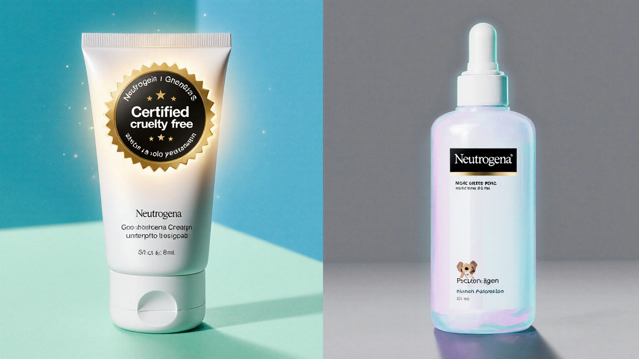 Split view showing certified product with glowing badge versus Neutrogena without badge.