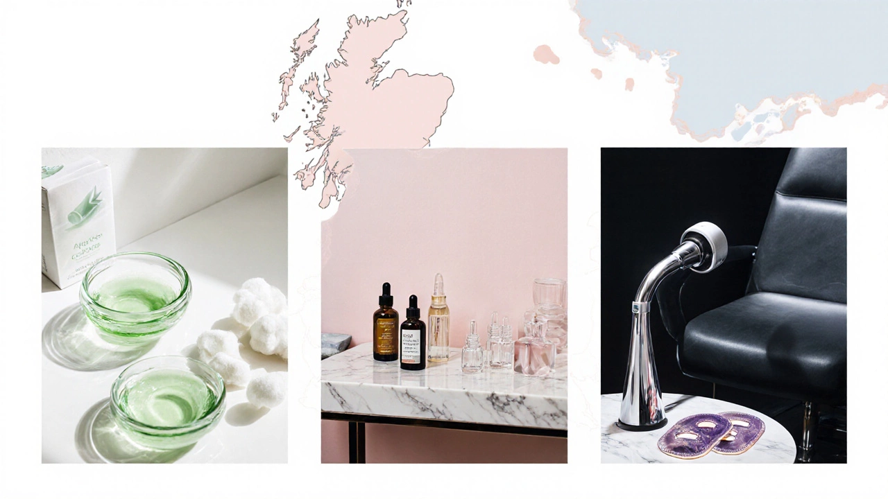 Three facial treatment rooms showing basic, mid‑range, and luxury setups side by side.