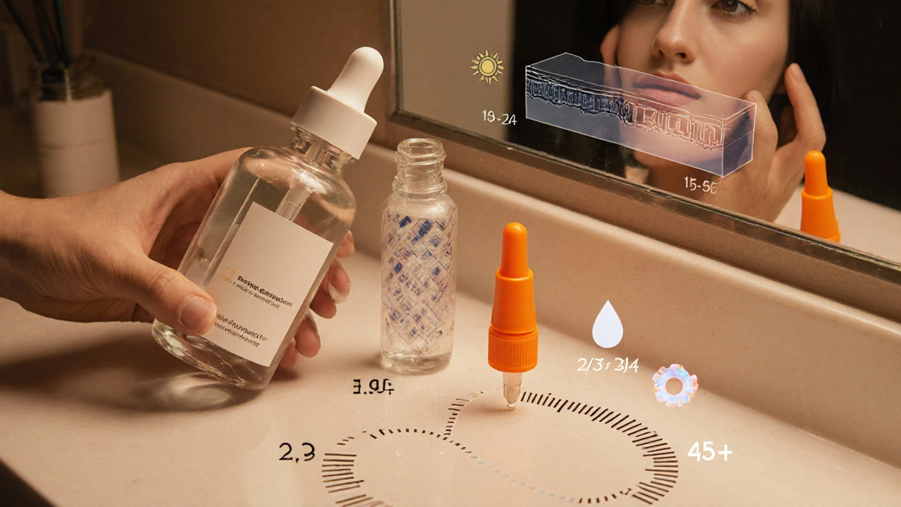 Vanity scene with skincare products and a subtle path indicating age‑specific treatments.