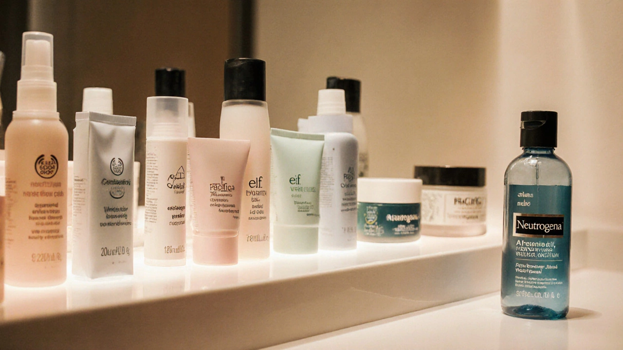 Vanity shelf displaying cruelty‑free brands beside a single Neutrogena bottle.