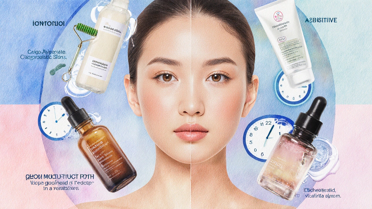 Watercolor collage of five skin types with matching products and skincare tips.