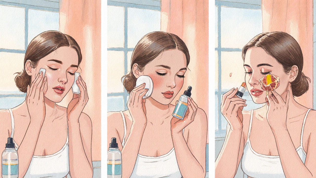 Watercolor illustration of a woman performing her morning cleanser, toner, serum, moisturizer, and sunscreen steps.
