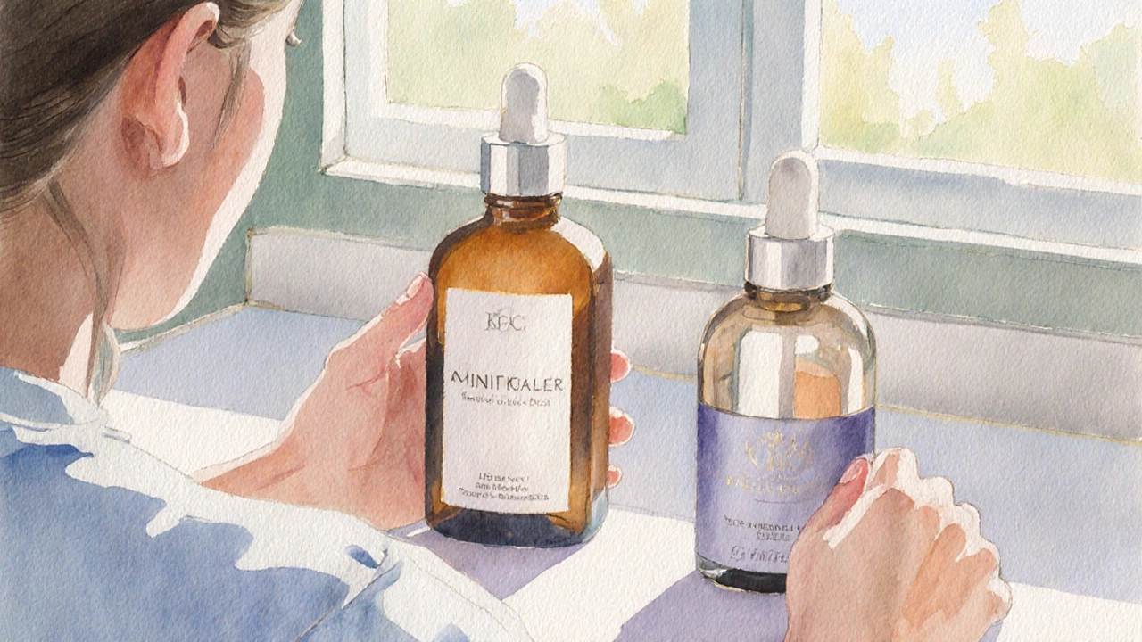 Watercolor of a person choosing between two skincare bottles at a vanity.
