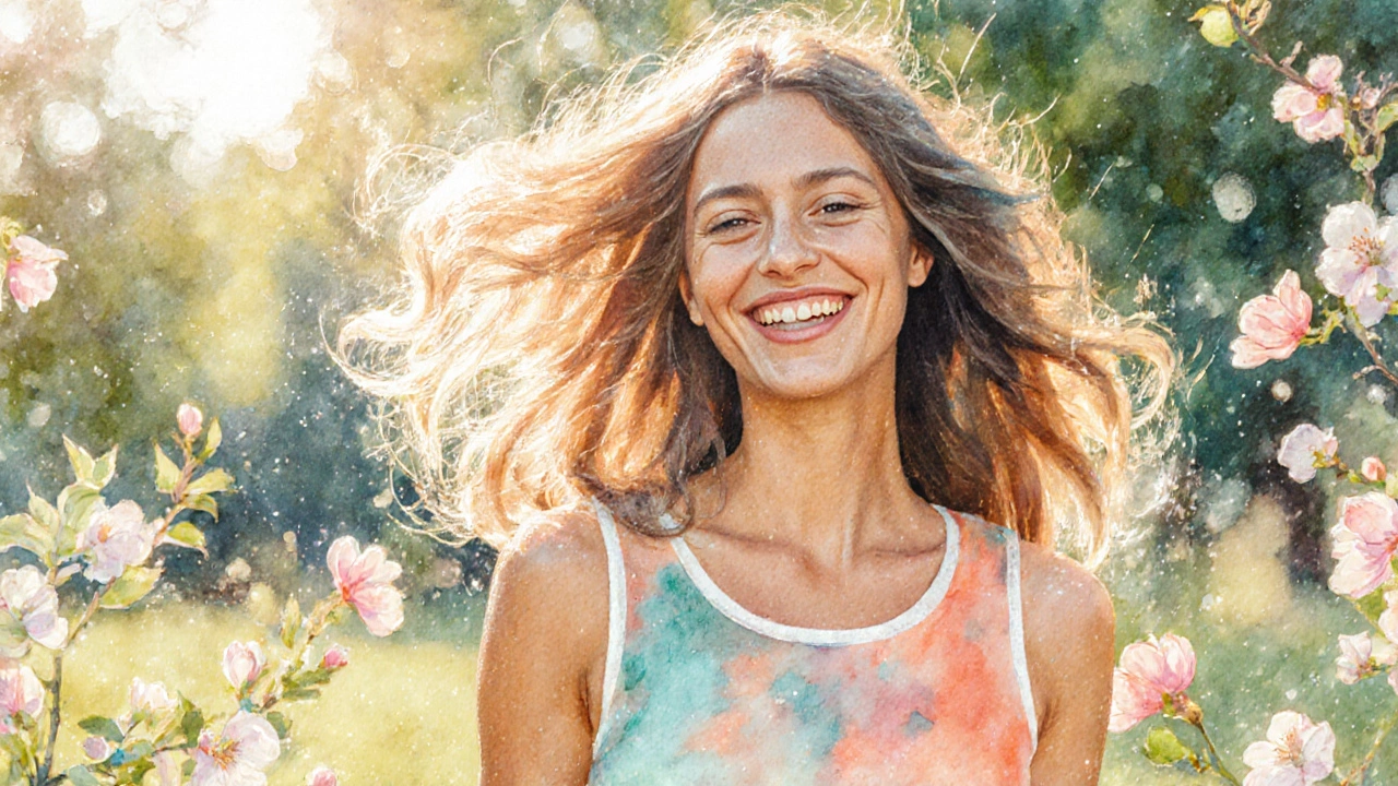 Watercolor of a smiling woman with shiny hair standing in a sunlit park.