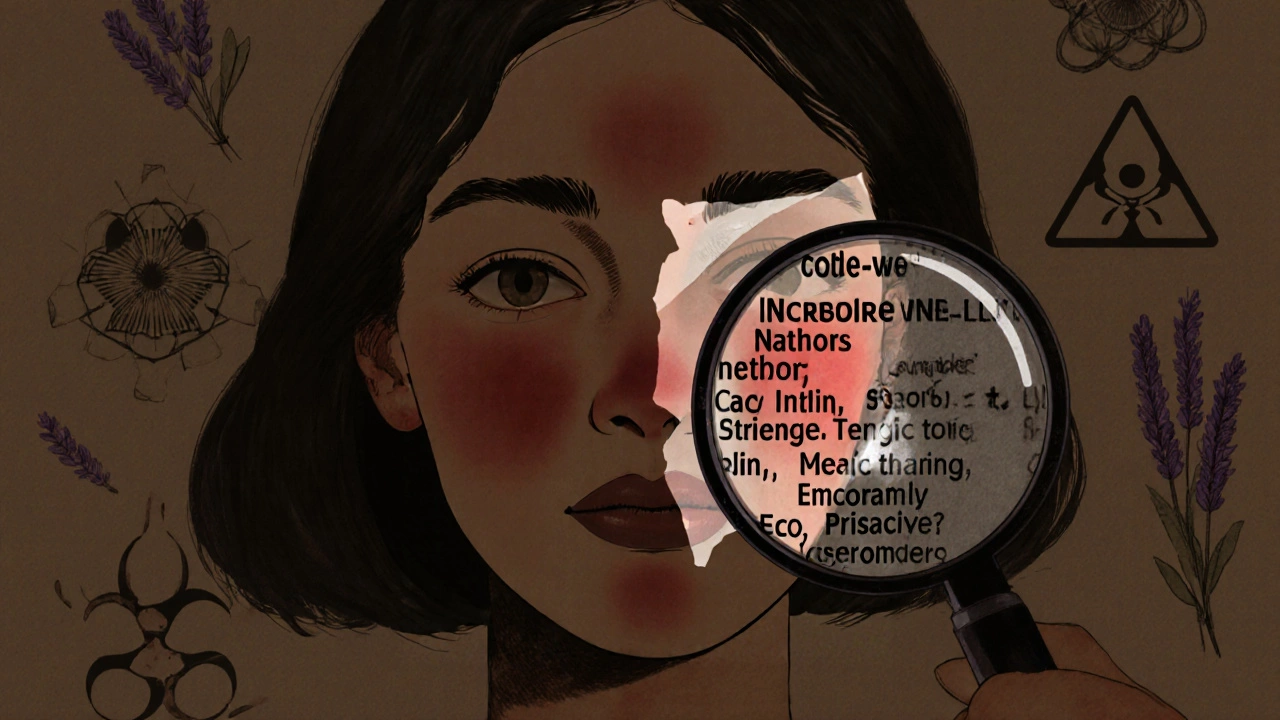 Woman's irritated skin under magnifying glass revealing hidden harmful ingredients.