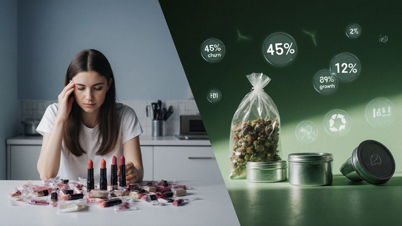 Woman surrounded by duplicate lipsticks beside eco‑friendly packaging and floating data icons.