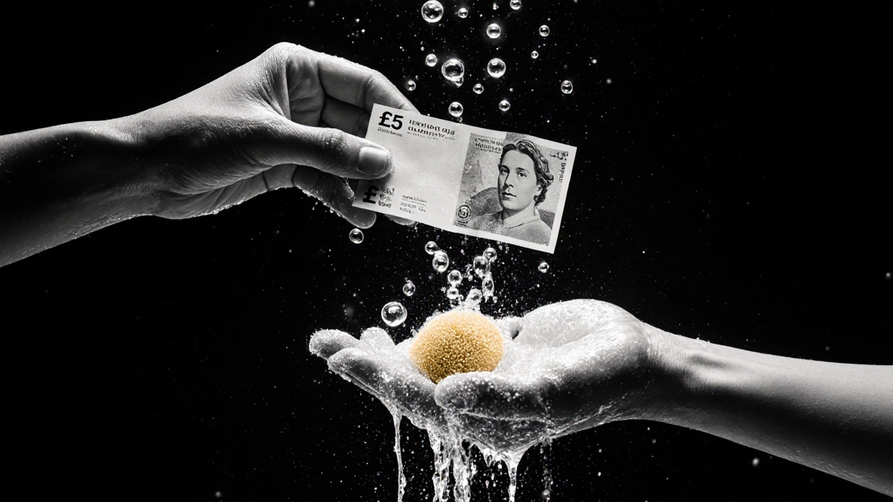 A hand offering cash to another hand holding a sponge, symbolizing appreciation in a salon.