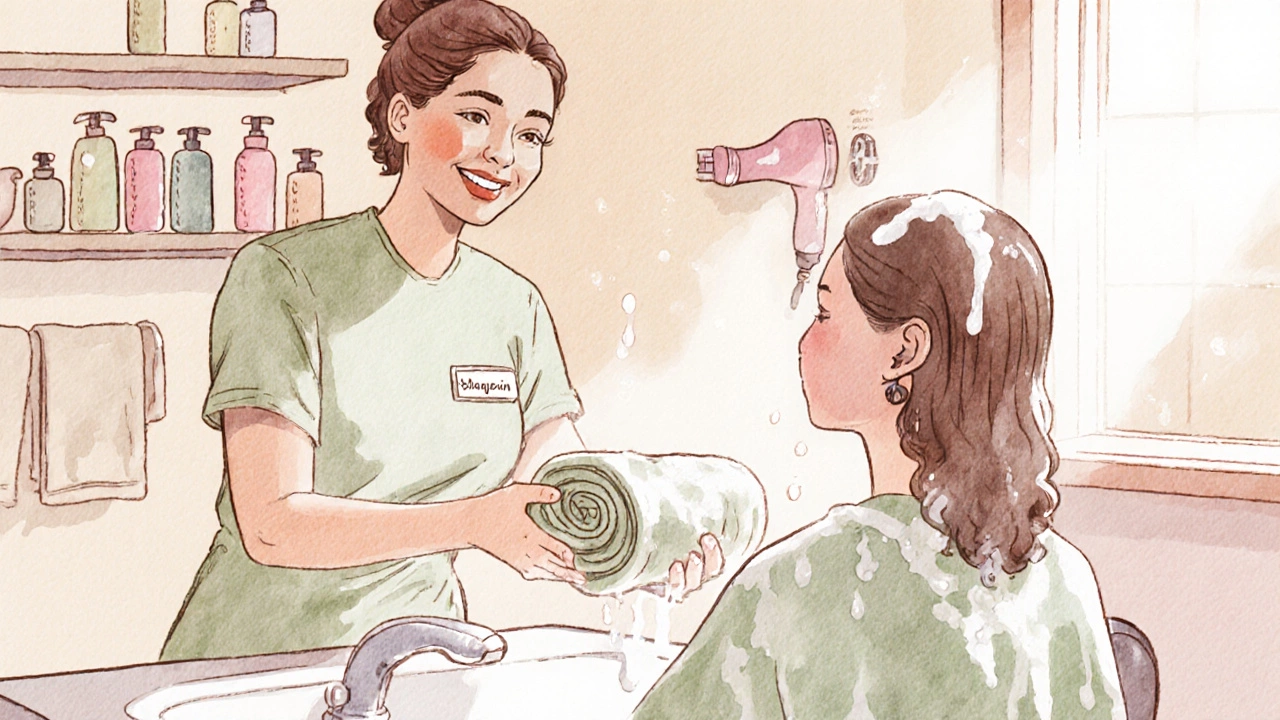 A salon worker handing a towel to a client after a hair wash, soft watercolor style.