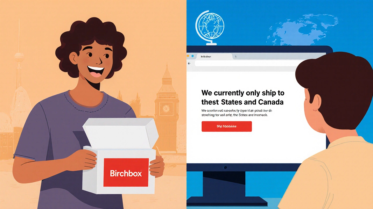 A subscriber in Canada opening a box while someone in the UK sees a shipping restriction message.