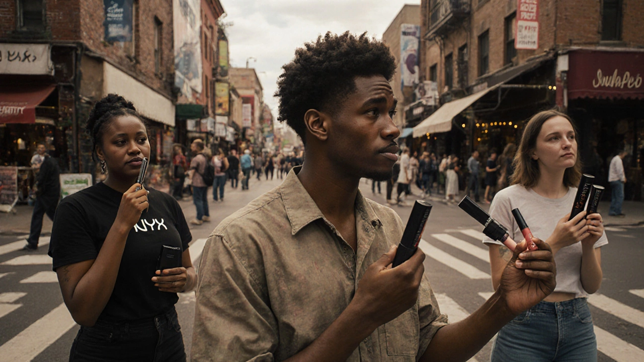 Consumers choosing between NYX and independent cruelty-free beauty brands at a bustling marketplace.