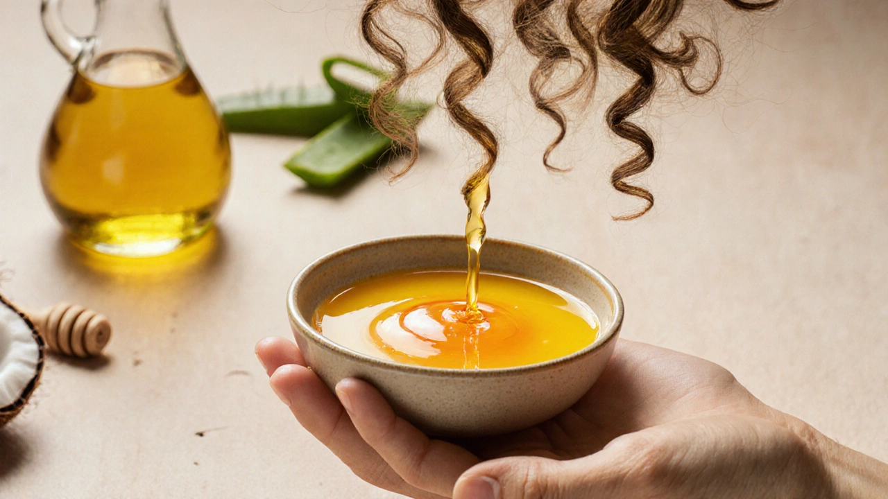 Egg and honey hair mask with strands of hair floating around it.