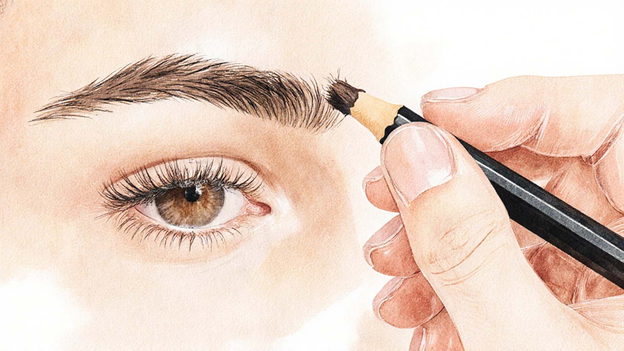 Hand carefully filling eyebrows with short strokes using brow pencil