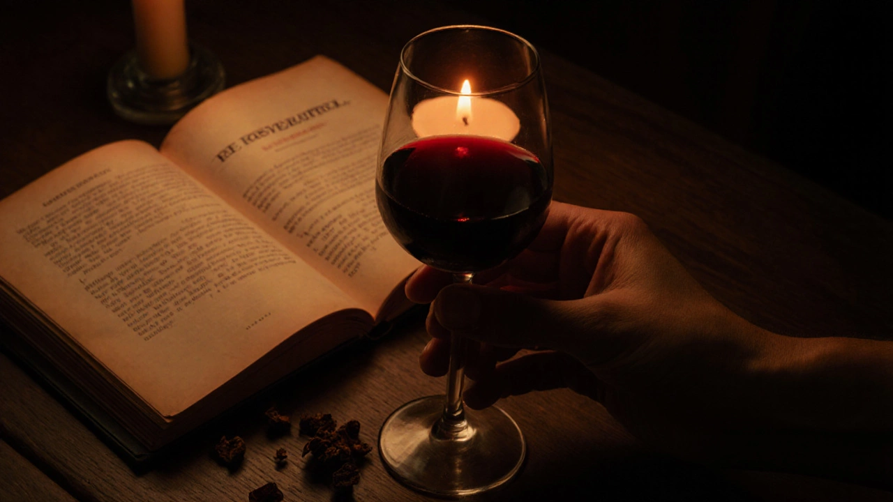 Hand holding a glass of red wine in soft candlelight with grape skins on a table.