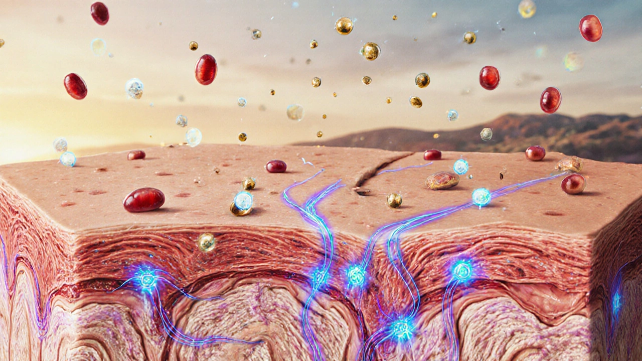 Magnified skin cells with antioxidants neutralizing free radicals and boosting collagen.