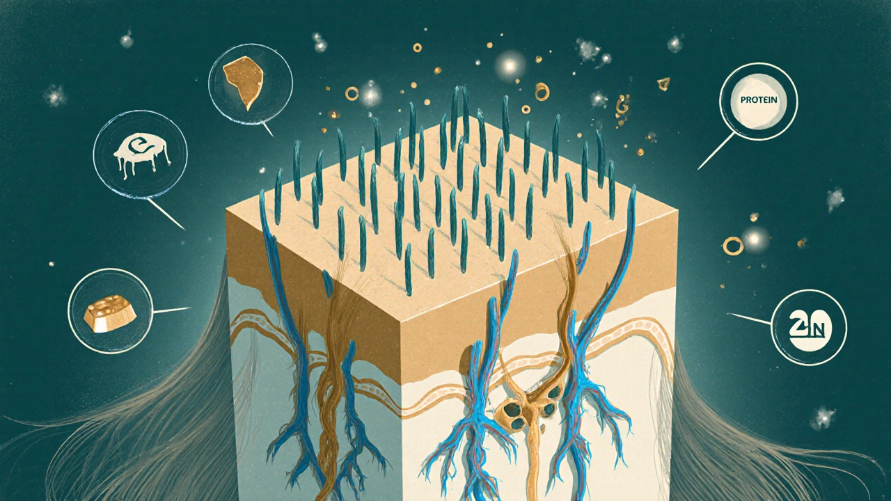 Scientific illustration of scalp follicles absorbing nutrients from blood flow