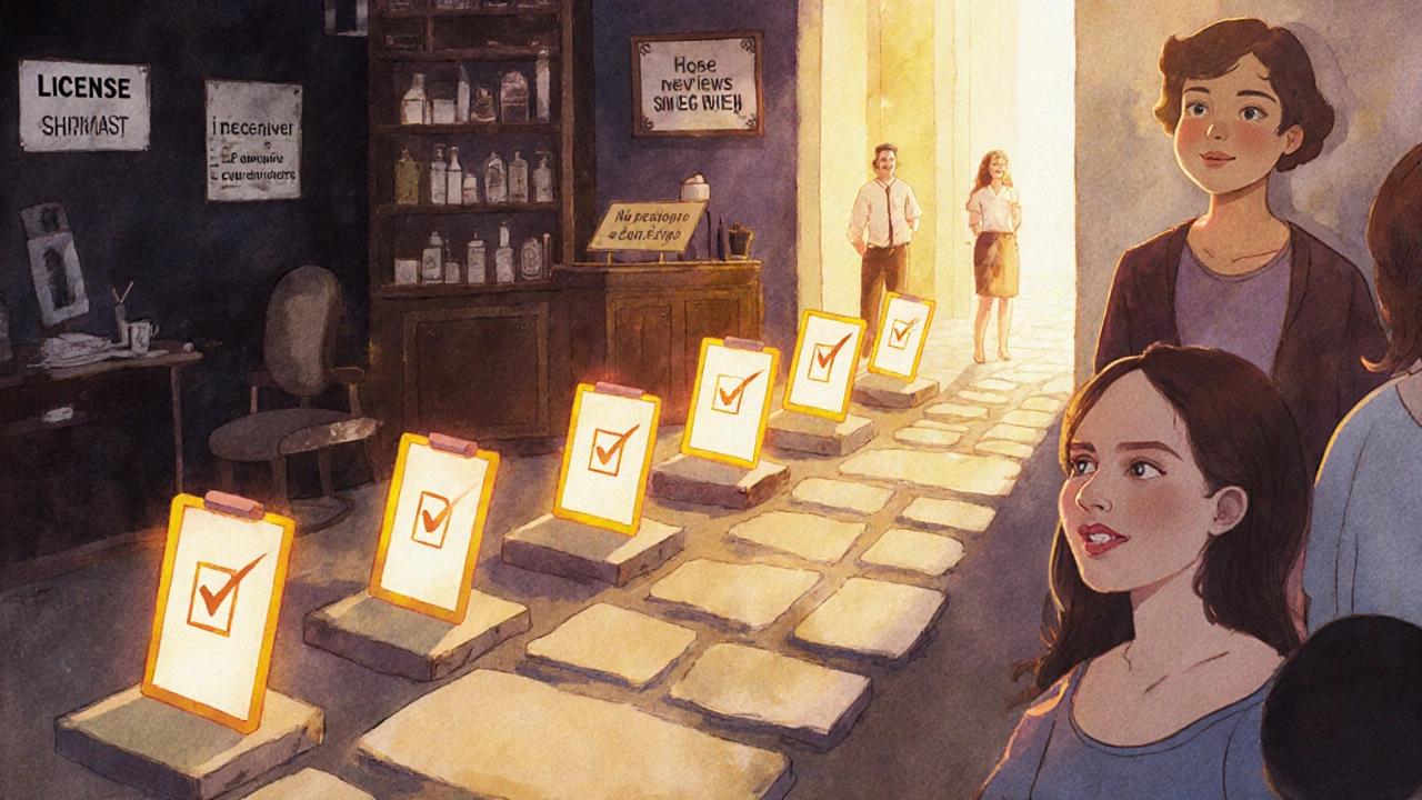 Seven checkmarks leading from a dark salon to a bright, trusted beauty space.