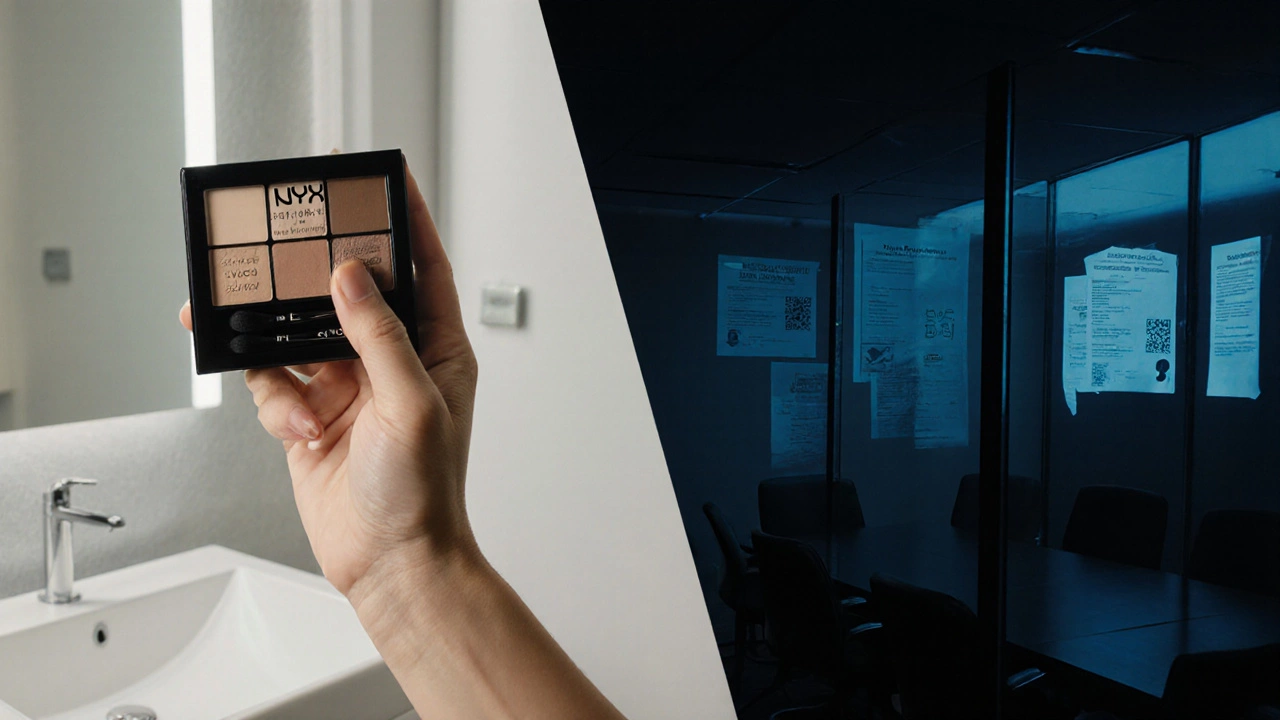 Split scene: someone applying NYX makeup on one side, corporate animal testing documents on the other.